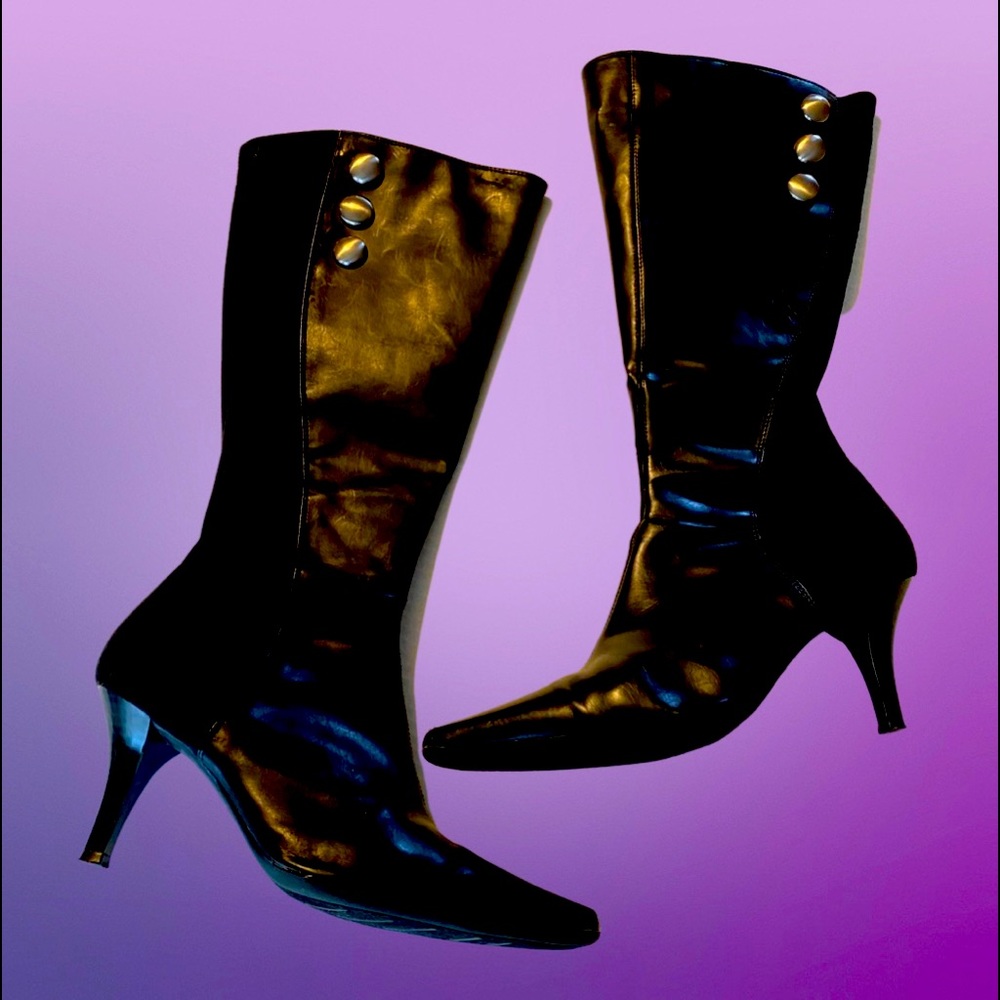 Black leather boots with 3 inch heels
